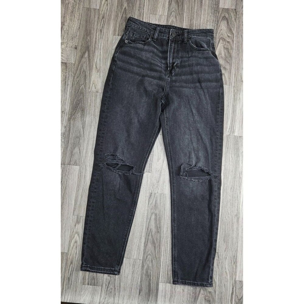 American Eagle Women Size 0 Regular Highest Rise Distressed Black Grey Mom Jeans